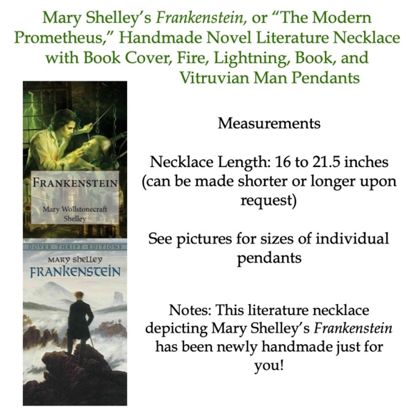 Frankenstein by Mary Shelley Handmade Novel Literature Necklace, Book Cover Fire - Picture 15 of 16